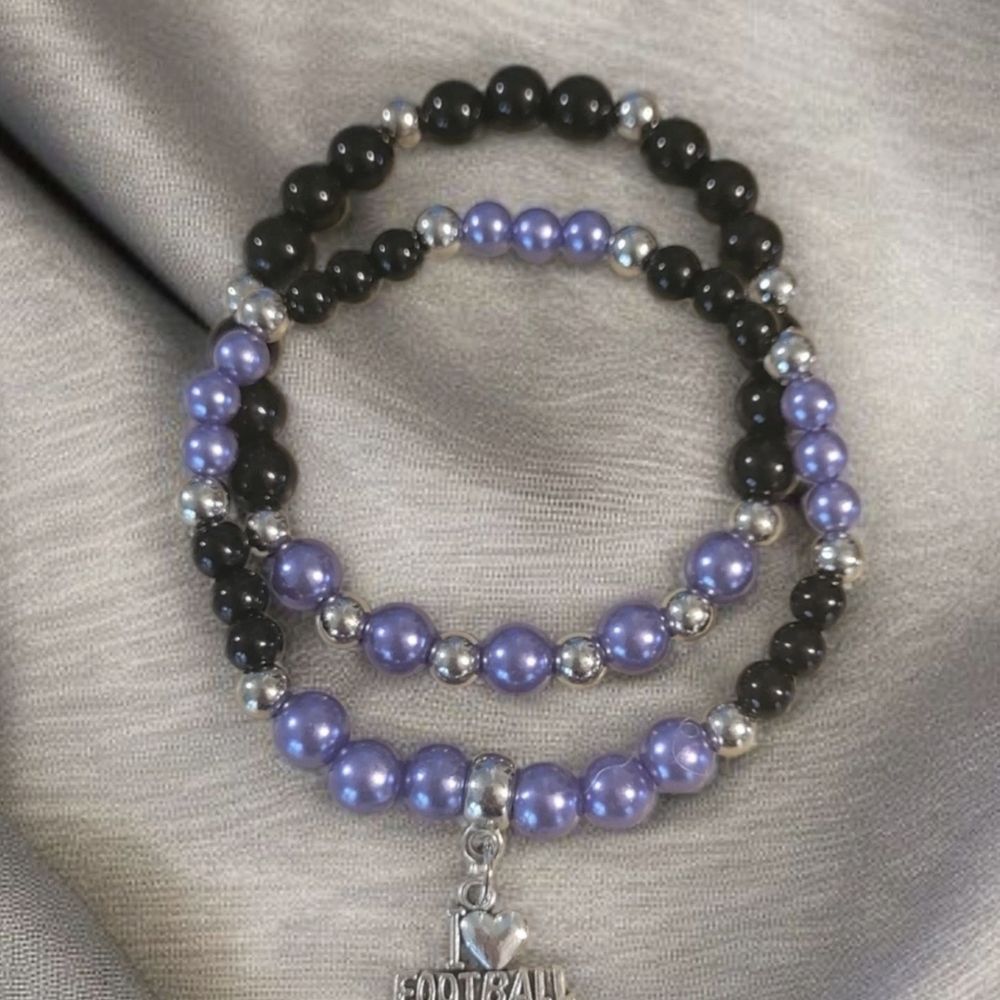 Purple and Black Beaded Football Bracelet Set Ravens Colors Jewelry